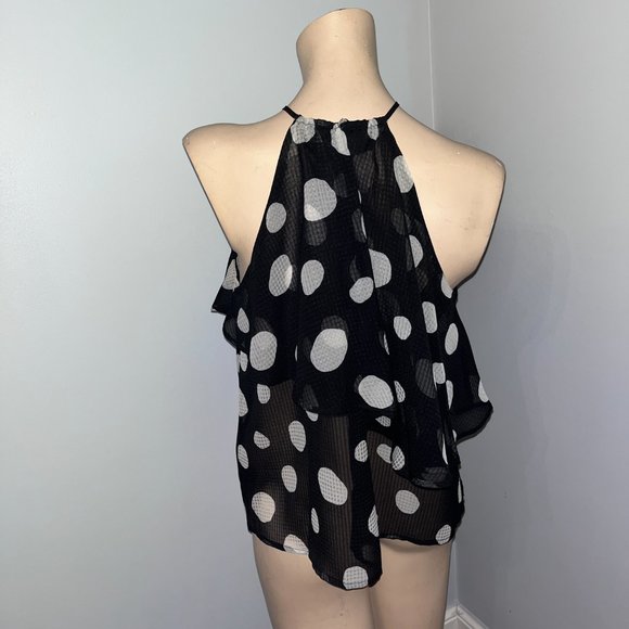 Black and White Pokka Dot Sheer Chiffon Keyhole Flowy Top - Picture 5 of 5